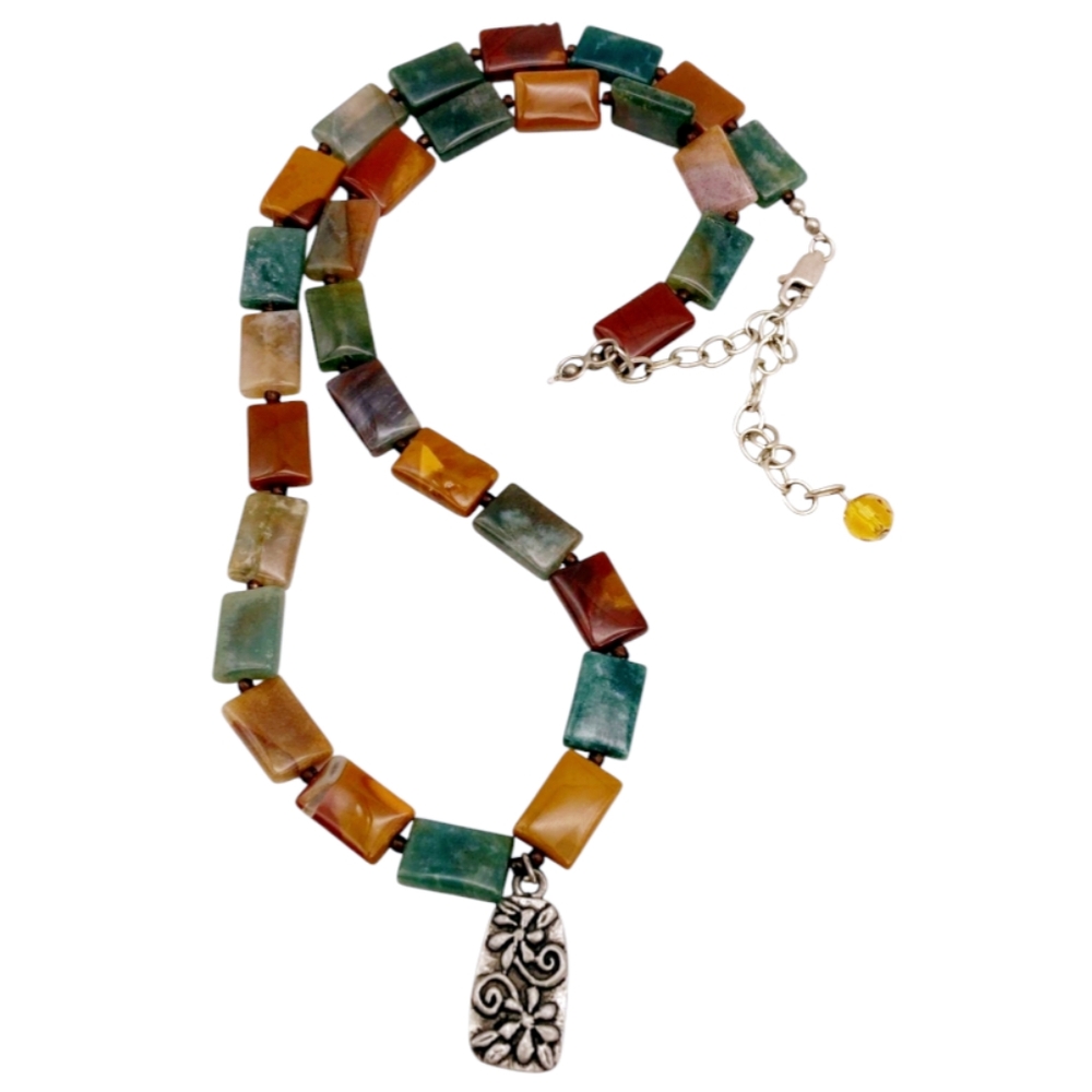 Beautiful *Sterling Silver & MultiColor Ocean Jasper Beaded 18-21" Necklace